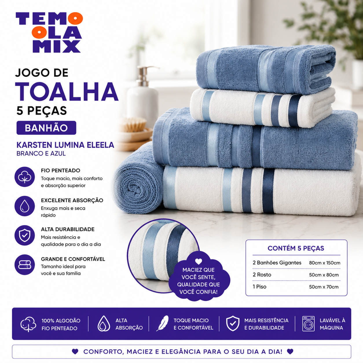 Jogo de Toalhas Banhão 5 Peças Karsten Lumina Eleela Branco e Azul – Maciez, Alta Absorção e Fio Penteado