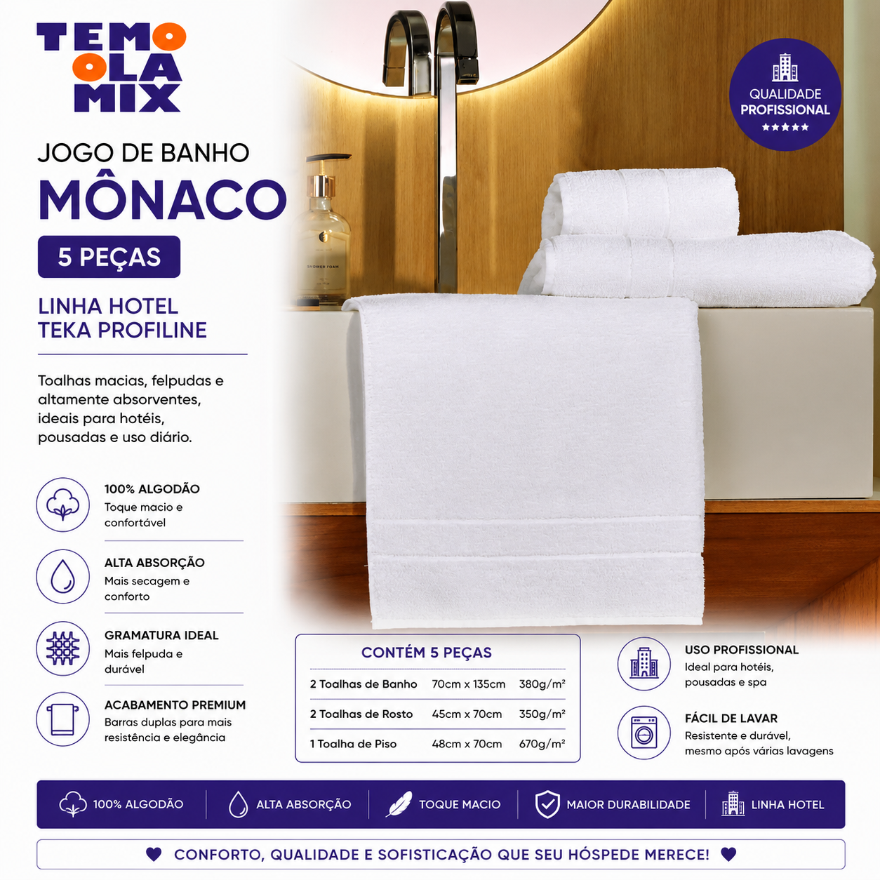 Jogo de Banho Hotel 5 Peças Mônaco – Toalhas Macias de Alta Absorção para Banheiro