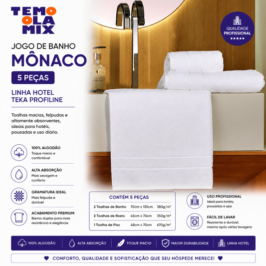 Jogo de Banho Hotel 5 Peças Mônaco – Toalhas Macias de Alta Absorção para Banheiro