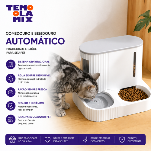 Comedouro e Bebedouro Automático Gravitacional para Cães e Gatos – Alimentador com Reservatórios de Água e Ração
