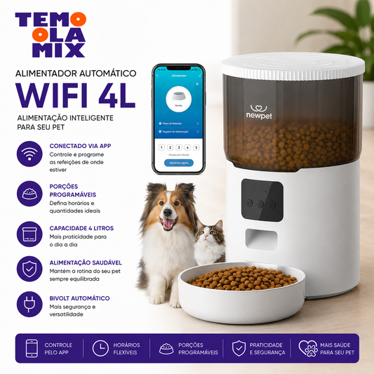 Alimentador Automático Wi-Fi 4L para Cães e Gatos com Porções Programáveis – Controle pelo Aplicativo Bivolt