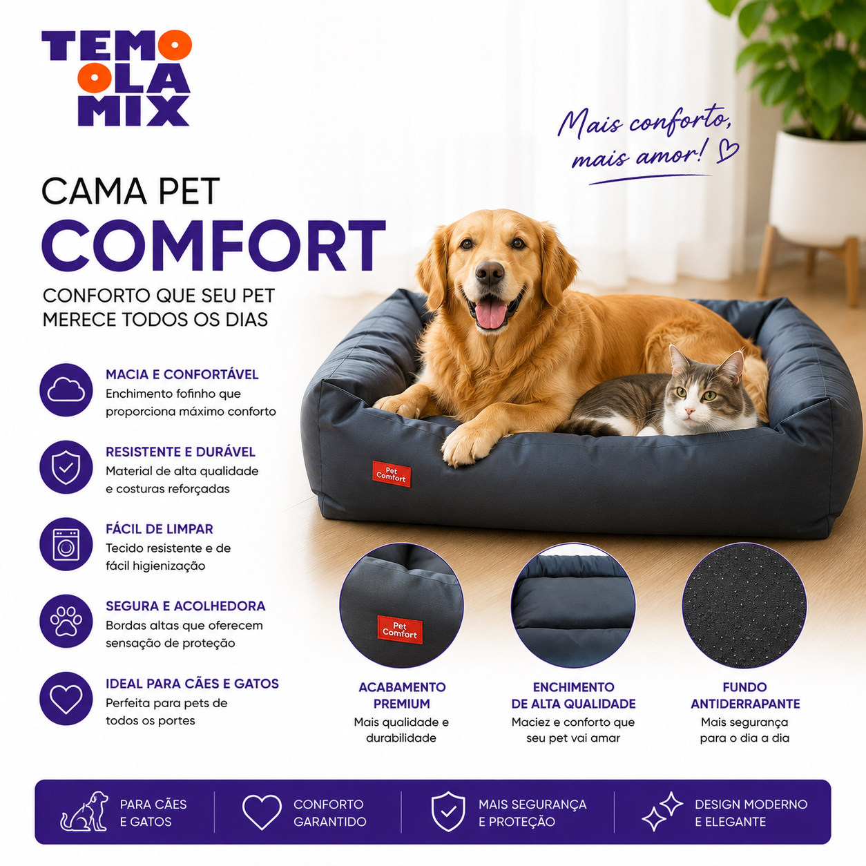 Cama para Cachorro e Gato Pet Comfort – Cama Pet Macia, Confortável e Lavável para Cães e Gatos