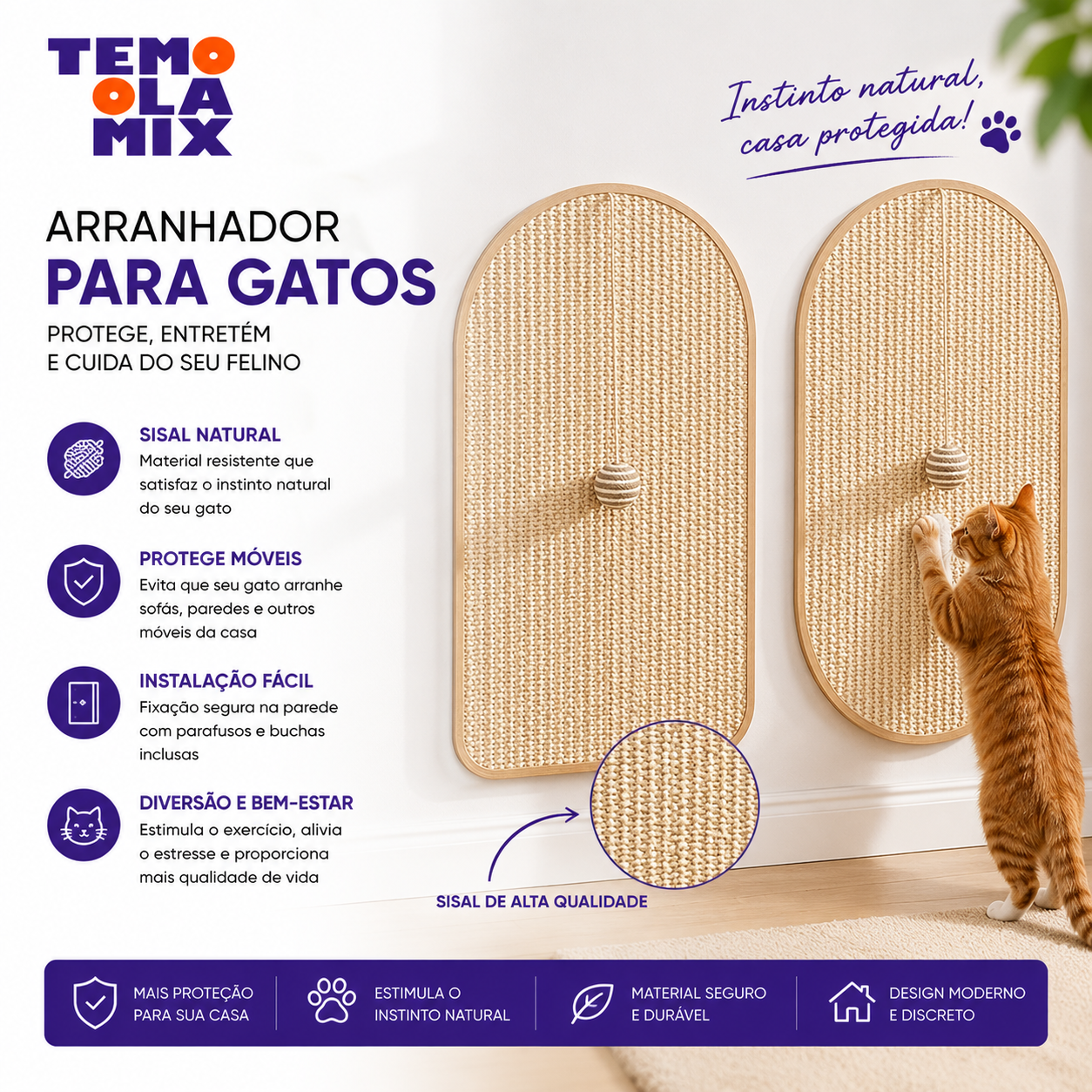 Arranhador para Gatos com Sisal – Poste para Arranhar, Brincar e Proteger os Móveis