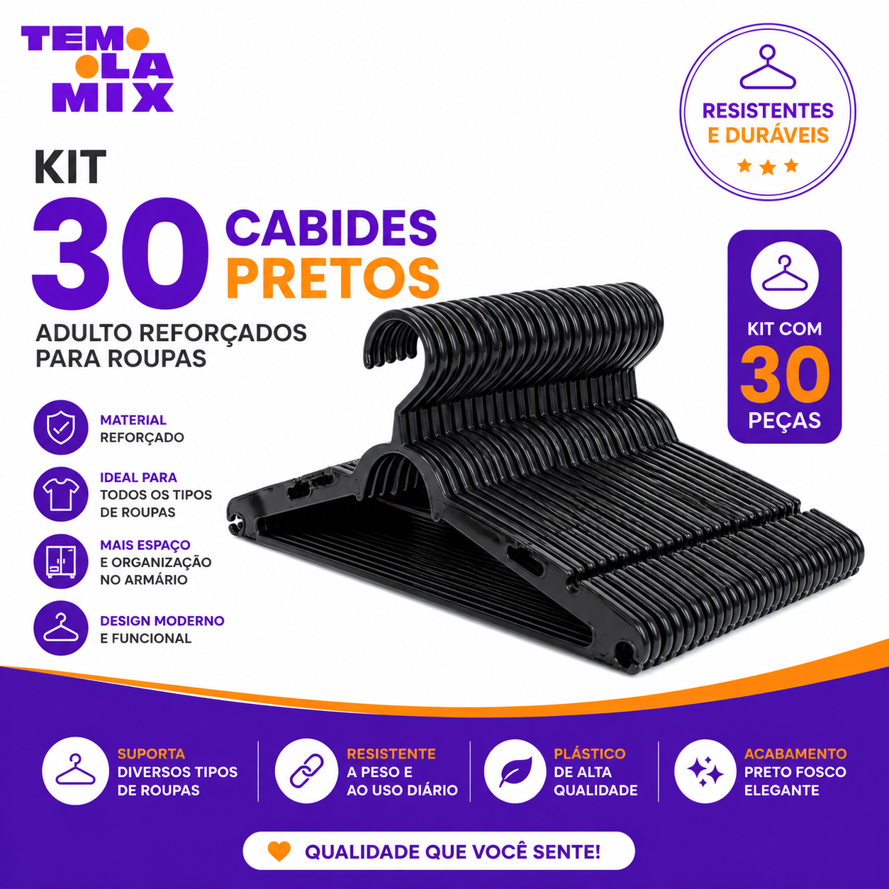 Kit 30 Cabides Pretos Adulto Reforçados para Roupas