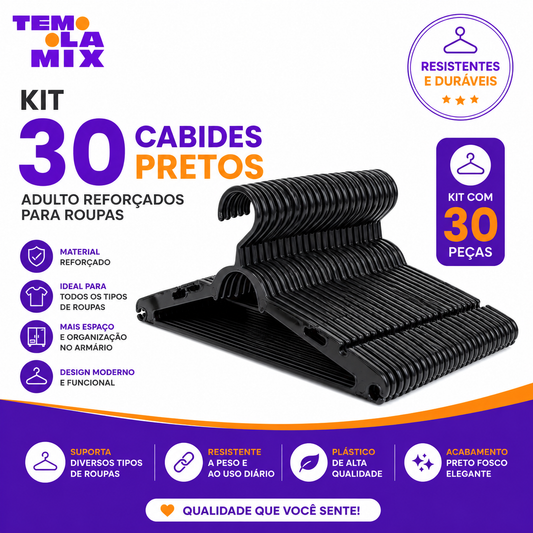 Kit 30 Cabides Pretos Adulto Reforçados para Roupas