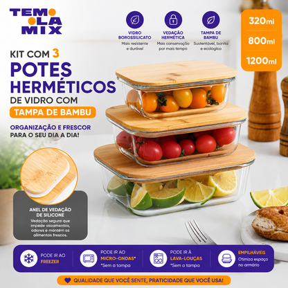 Kit 3 Potes Herméticos de Vidro com Tampa de Bambu – Vedação de Silicone | Organizador de Alimentos Premium