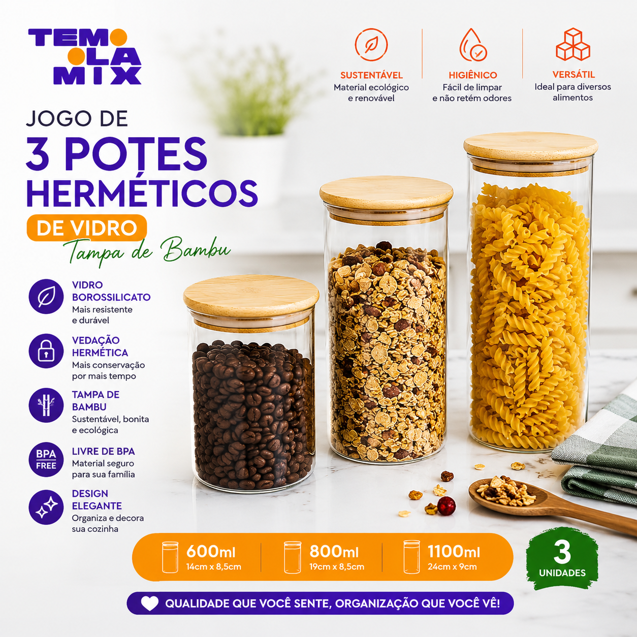 Kit 3 Potes Herméticos de Vidro com Tampa de Bambu