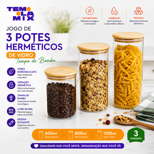 Kit 3 Potes Herméticos de Vidro com Tampa de Bambu