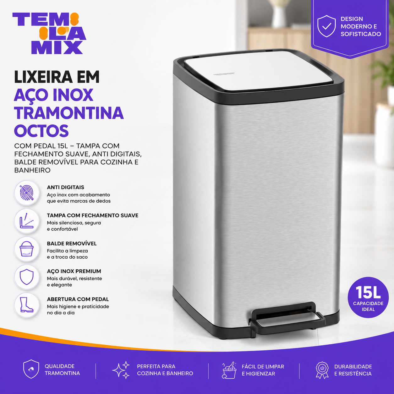 Lixeira em Aço Inox Tramontina Octos 15L com Pedal