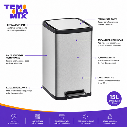 Lixeira em Aço Inox Tramontina Octos 15L com Pedal