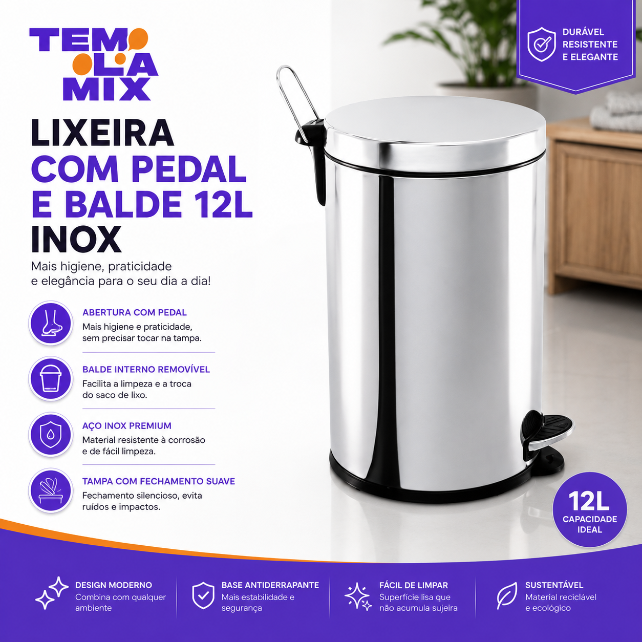 Lixeira com Pedal e Balde 12 Litros em Aço Inox