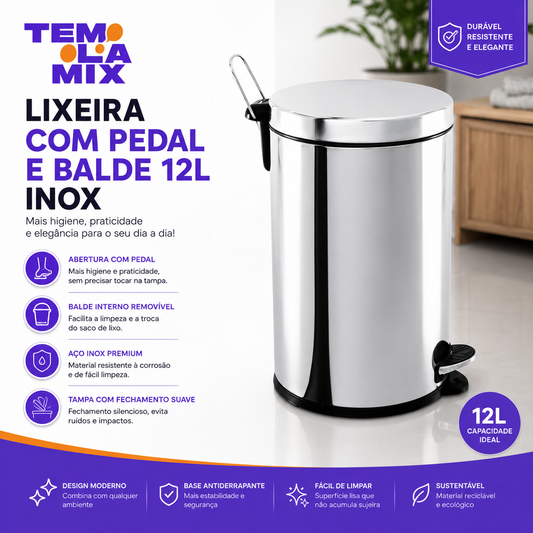 Lixeira com Pedal e Balde 12 Litros em Aço Inox
