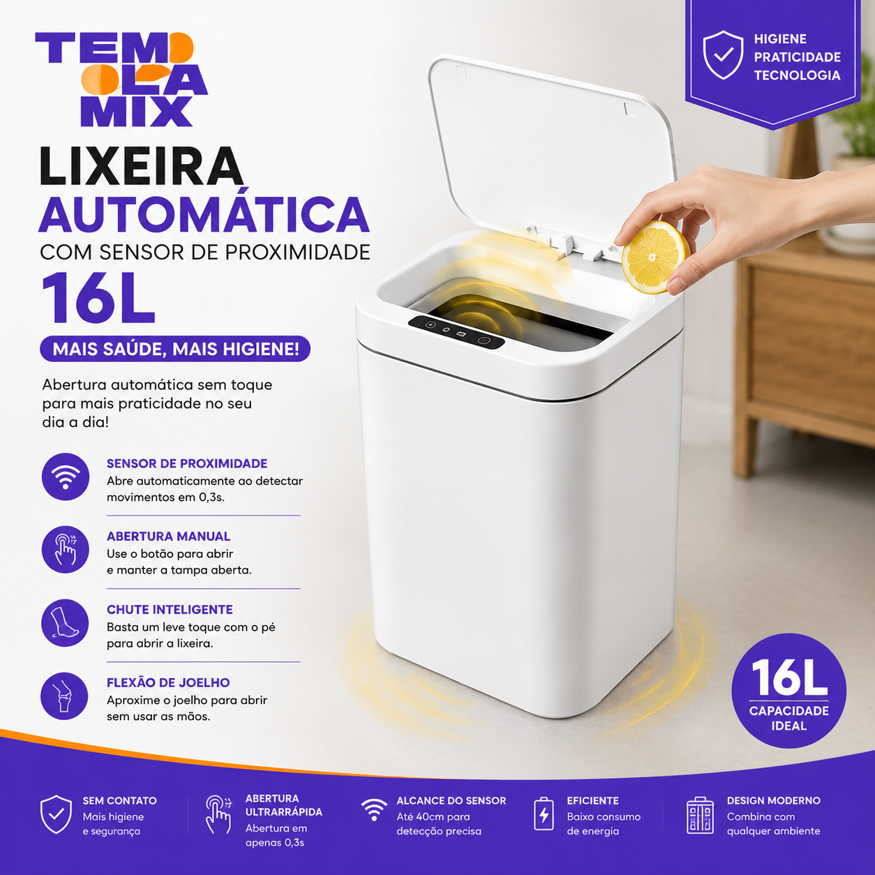 Lixeira Automática com Sensor de Proximidade 16L