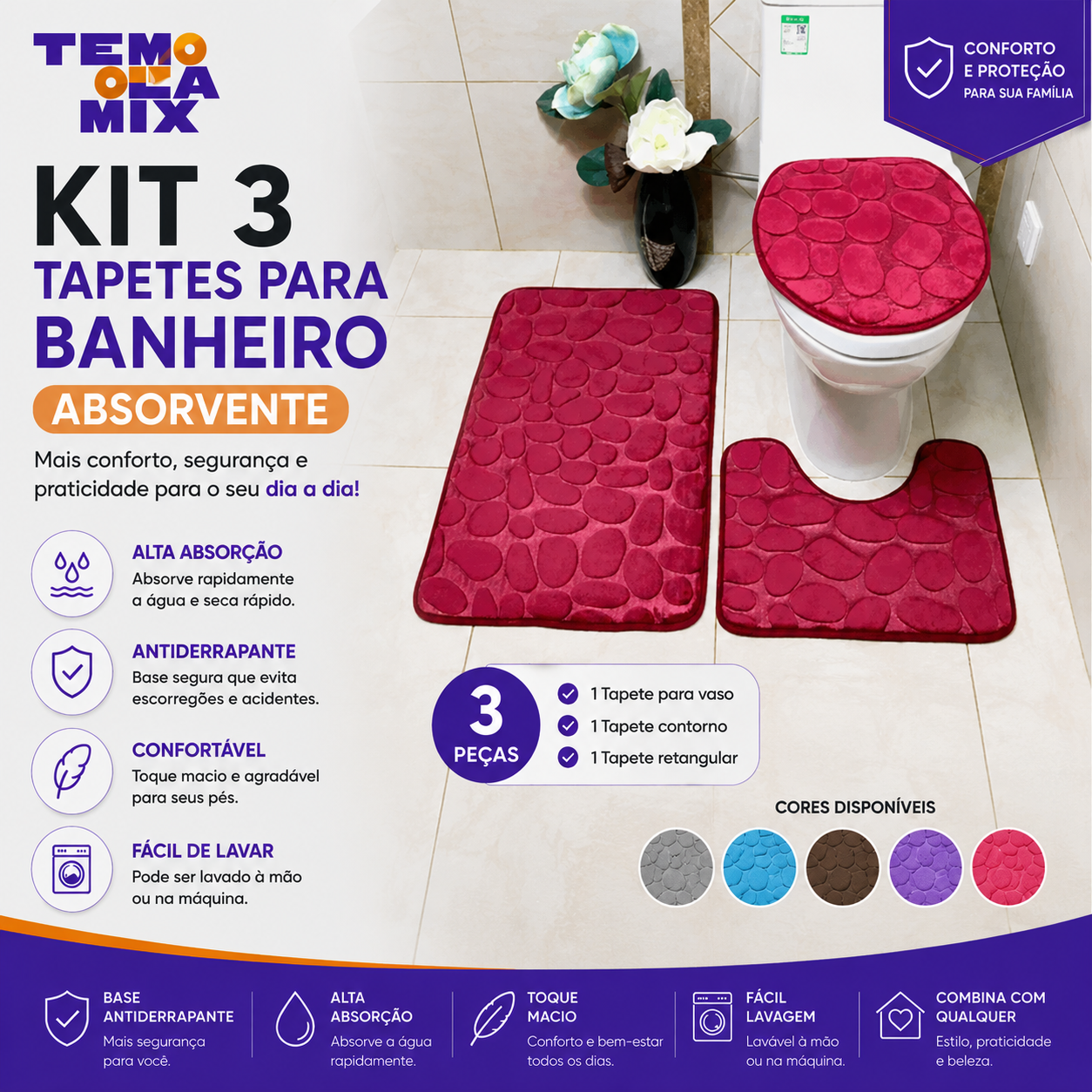 Kit 3 Tapetes para Banheiro Premium Absorvente e Antiderrapante