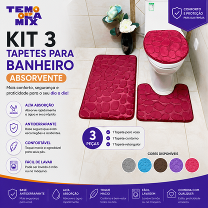 Kit 3 Tapetes para Banheiro Premium Absorvente e Antiderrapante