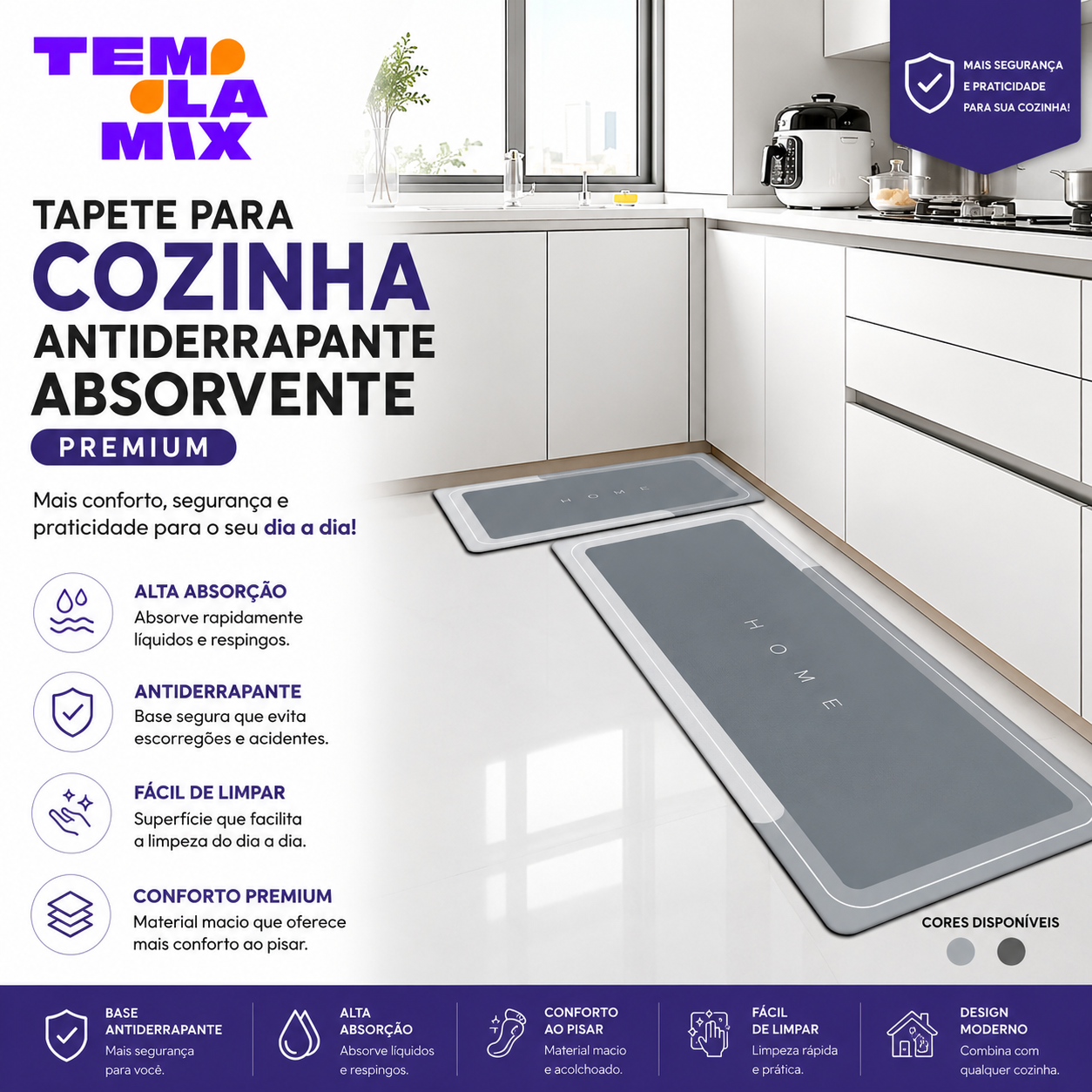 Tapete para Cozinha Antiderrapante Absorvente Premium