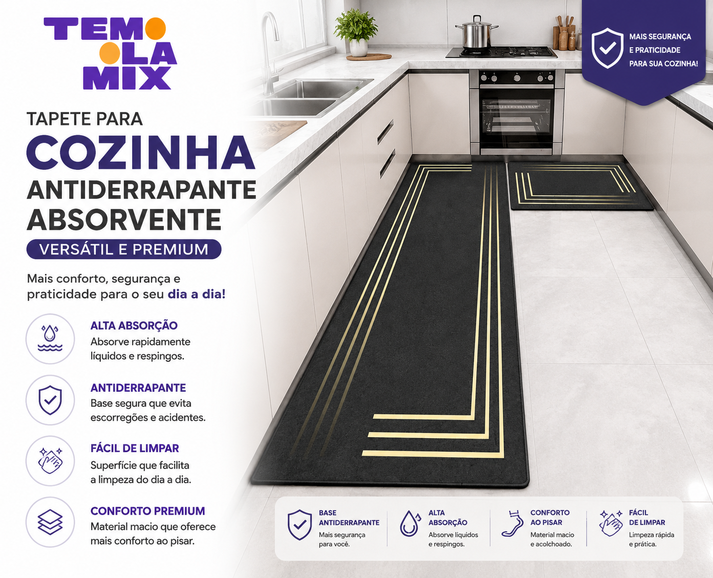 Tapete para Cozinha Antiderrapante Premium Versátil