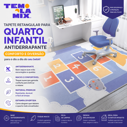 Tapete retangular para quarto infantil antiderrapante