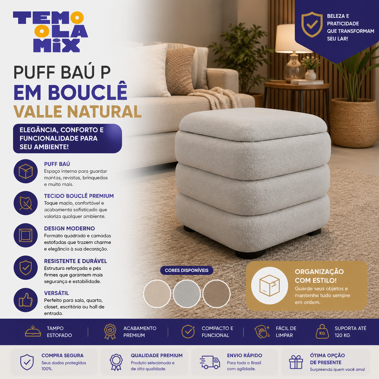 Puff Baú Bouclé Valle Natural Premium