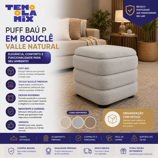 Puff Baú Bouclé Valle Natural Premium