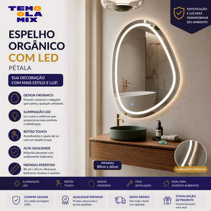Espelho Orgânico com LED Pétala 80x60cm – Iluminação Touch