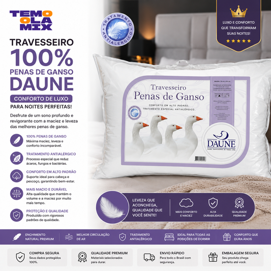 Travesseiro Premium Penas de Ganso Daune-Antialérgico