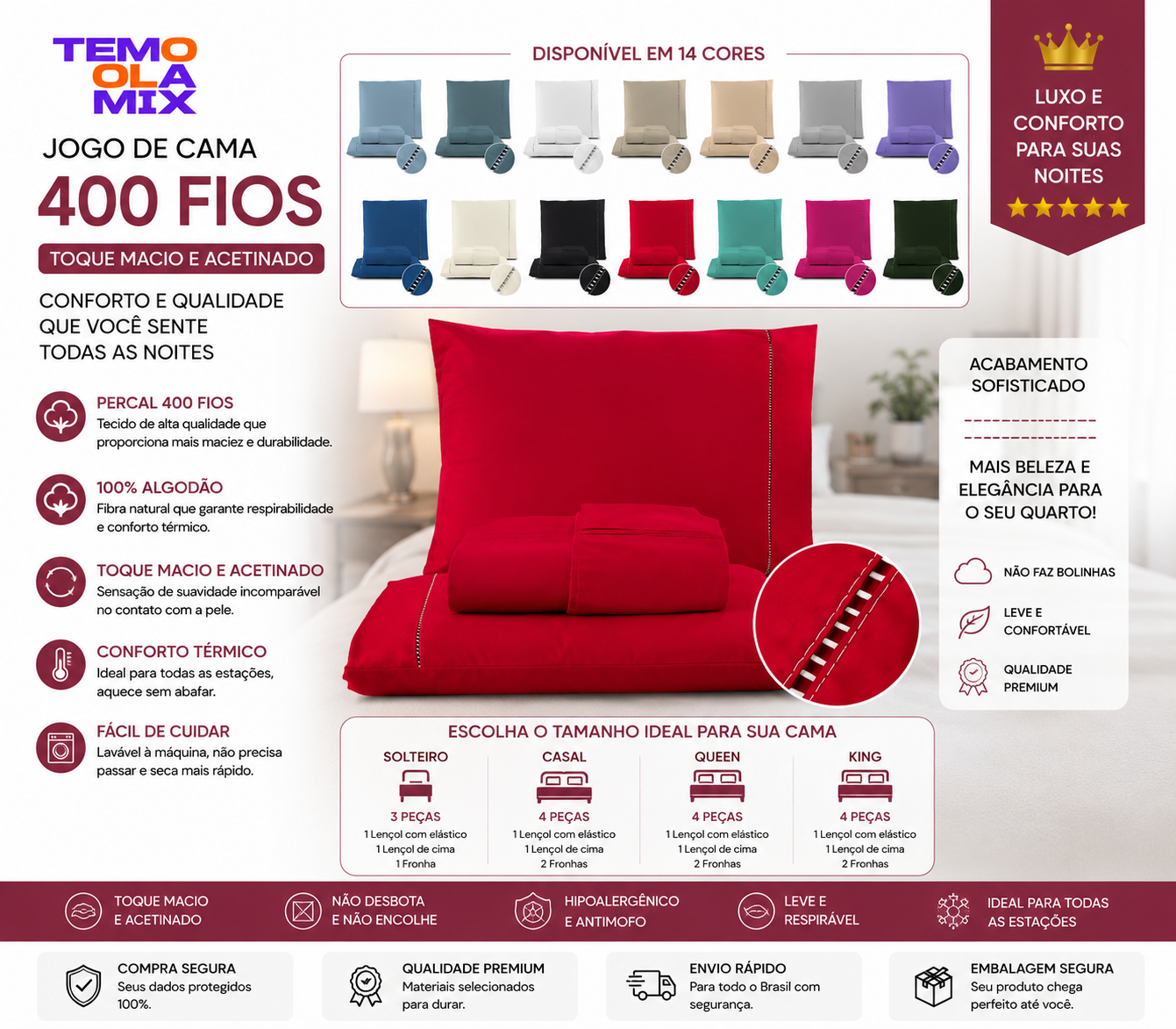 Jogo de Cama 400 Fios Premium 100% Algodão – Solteiro, Casal, Queen e King | Toque Acetinado