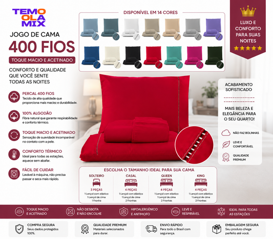 Jogo de Cama 400 Fios Premium 100% Algodão – Solteiro, Casal, Queen e King | Toque Acetinado