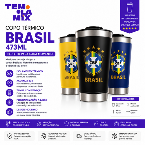 Copo Térmico Brasil 473ml Personalizado a Laser – Inox com Tampa para Cerveja, Chopp e Bebidas
