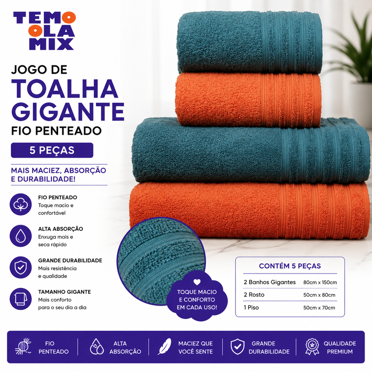 Jogo de Toalhas Gigante 5 Peças em Fio Penteado – Toalhas Macias, Alta Absorção e Toque Premium