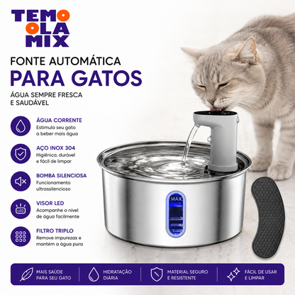 Fonte Bebedouro Automático para Gatos e Cães em Aço Inox com Visor LED – Água Filtrada e Circulação Contínua