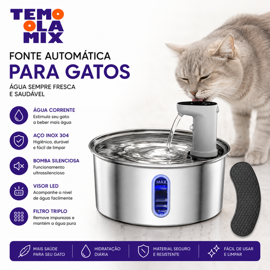 Fonte Bebedouro Automático para Gatos e Cães em Aço Inox com Visor LED – Água Filtrada e Circulação Contínua