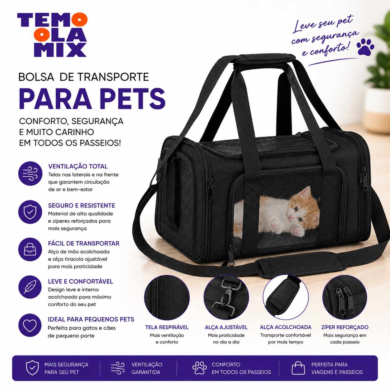 Bolsa de Transporte para Pets Pequenos – Bolsa para Cães e Gatos com Ventilação, Conforto e Segurança