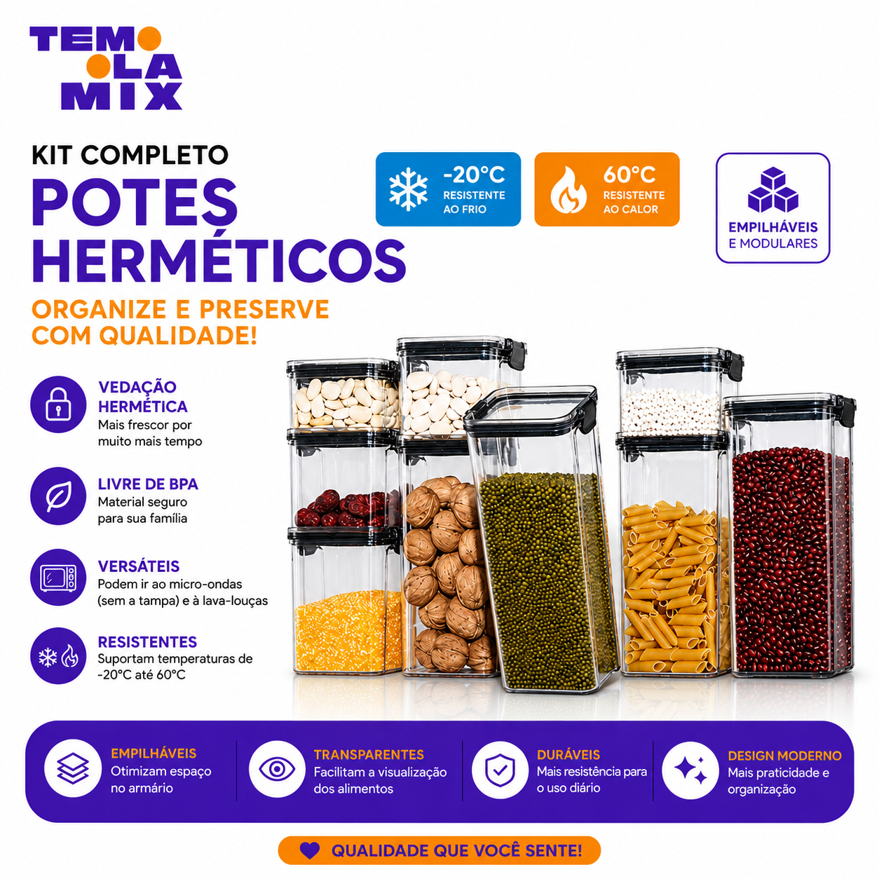 Kit 9 Potes Herméticos Premium – Organização Inteligente para Sua Cozinha