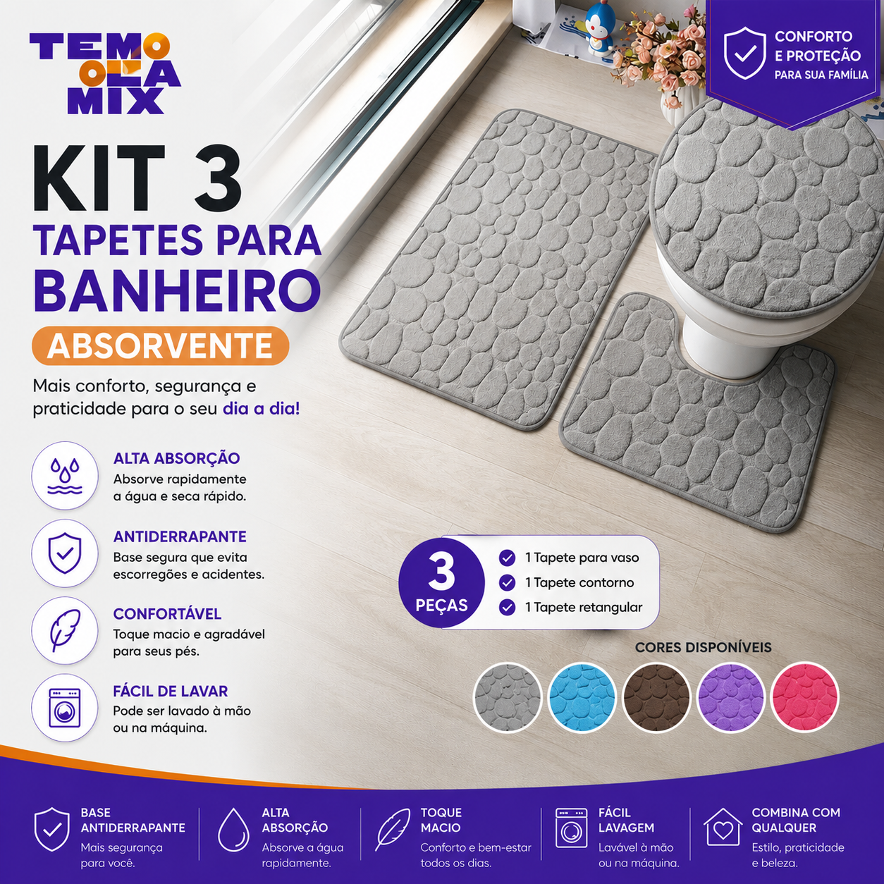 Kit 3 Tapetes para Banheiro Premium Absorvente e Antiderrapante