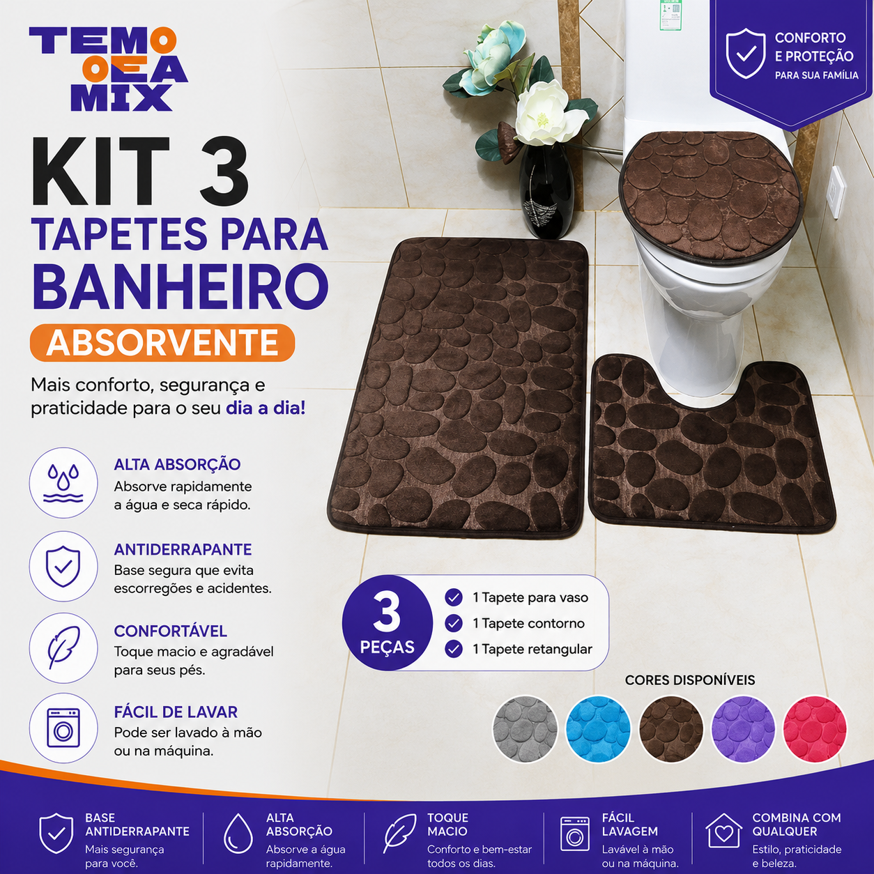 Kit 3 Tapetes para Banheiro Premium Absorvente e Antiderrapante