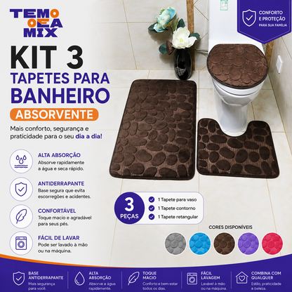 Kit 3 Tapetes para Banheiro Premium Absorvente e Antiderrapante