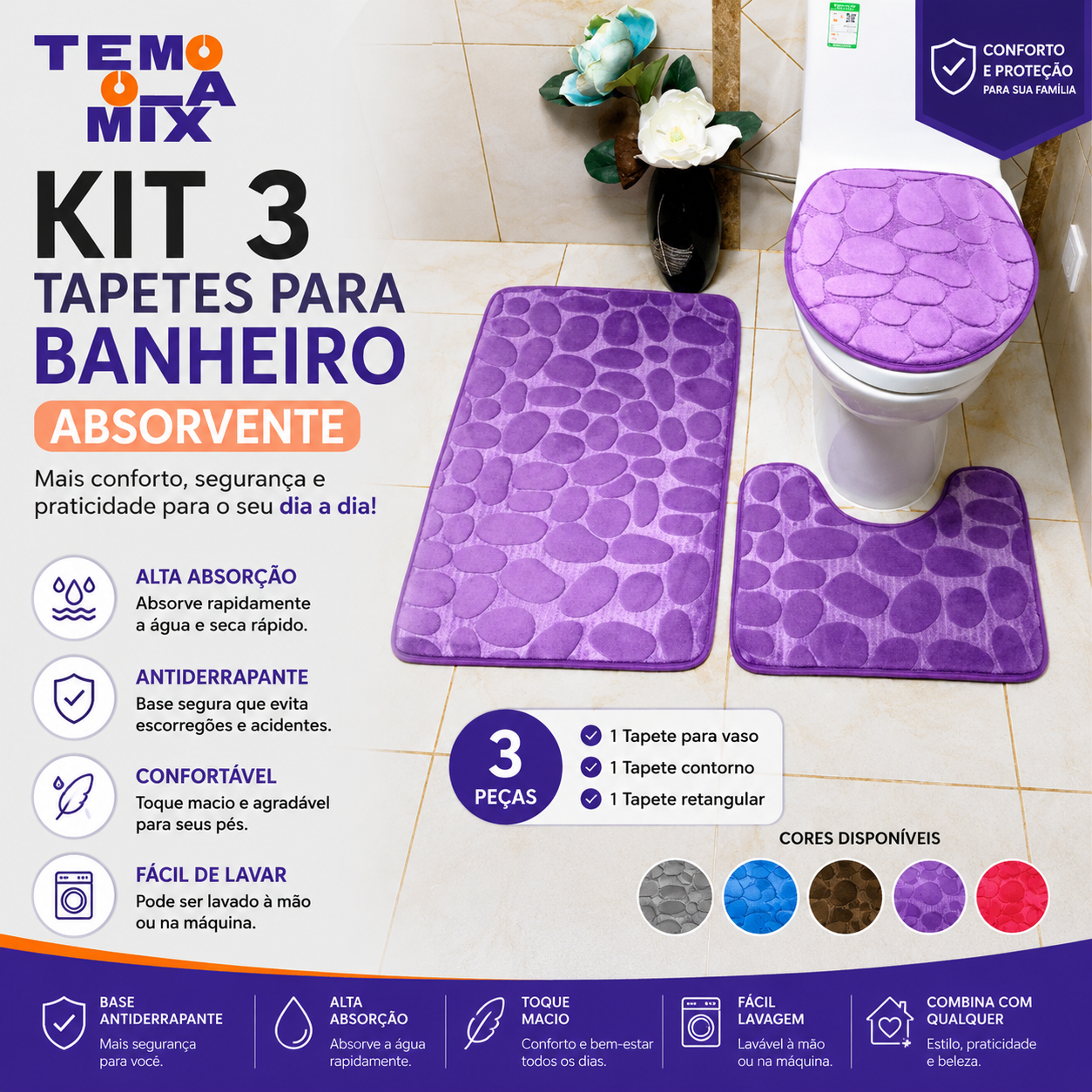 Kit 3 Tapetes para Banheiro Premium Absorvente e Antiderrapante