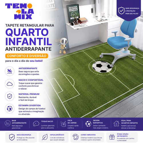 Tapete retangular para quarto infantil antiderrapante