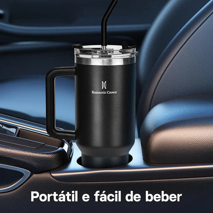 Copo Térmico 1,2L em Aço Inox com Tampa e Canudo Inox –Bebidas Quentes e Geladas