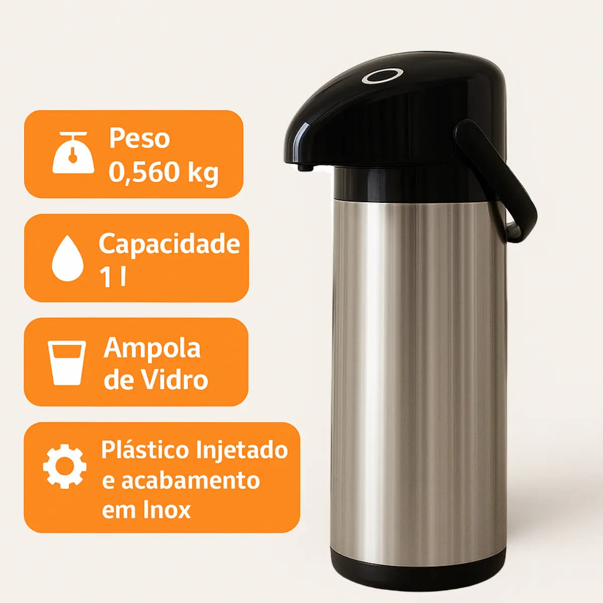 Garrafa Térmica Inox 1 Litro com Pressão – Ideal para Café, Chá e Chimarrão