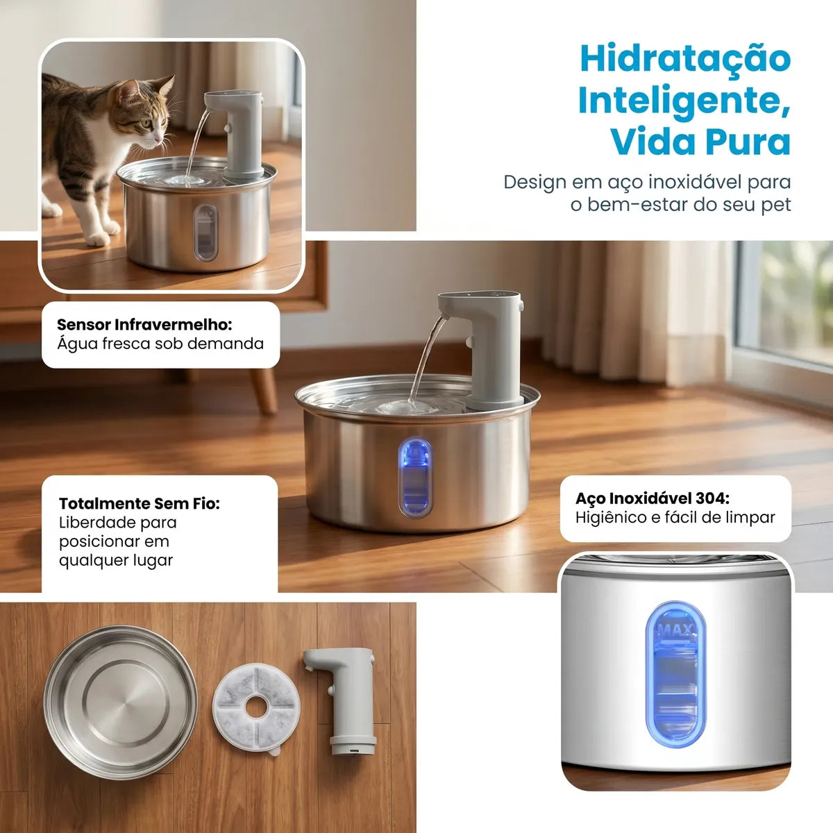 Fonte Bebedouro Automático para Gatos e Cães em Aço Inox com Visor LED – Água Filtrada e Circulação Contínua