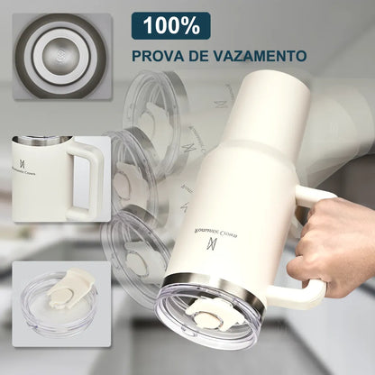 Copo Térmico 1,2L em Aço Inox com Tampa e Canudo Inox –Bebidas Quentes e Geladas