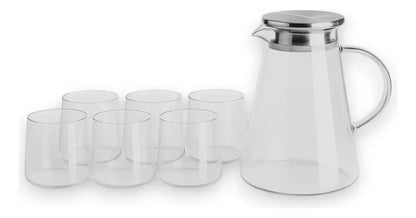 Jarra de Vidro Borossilicato 1,8L com Tampa Inox + Kit 6 Copos 270ml – Conjunto Elegante para Água, Suco e Bebidas