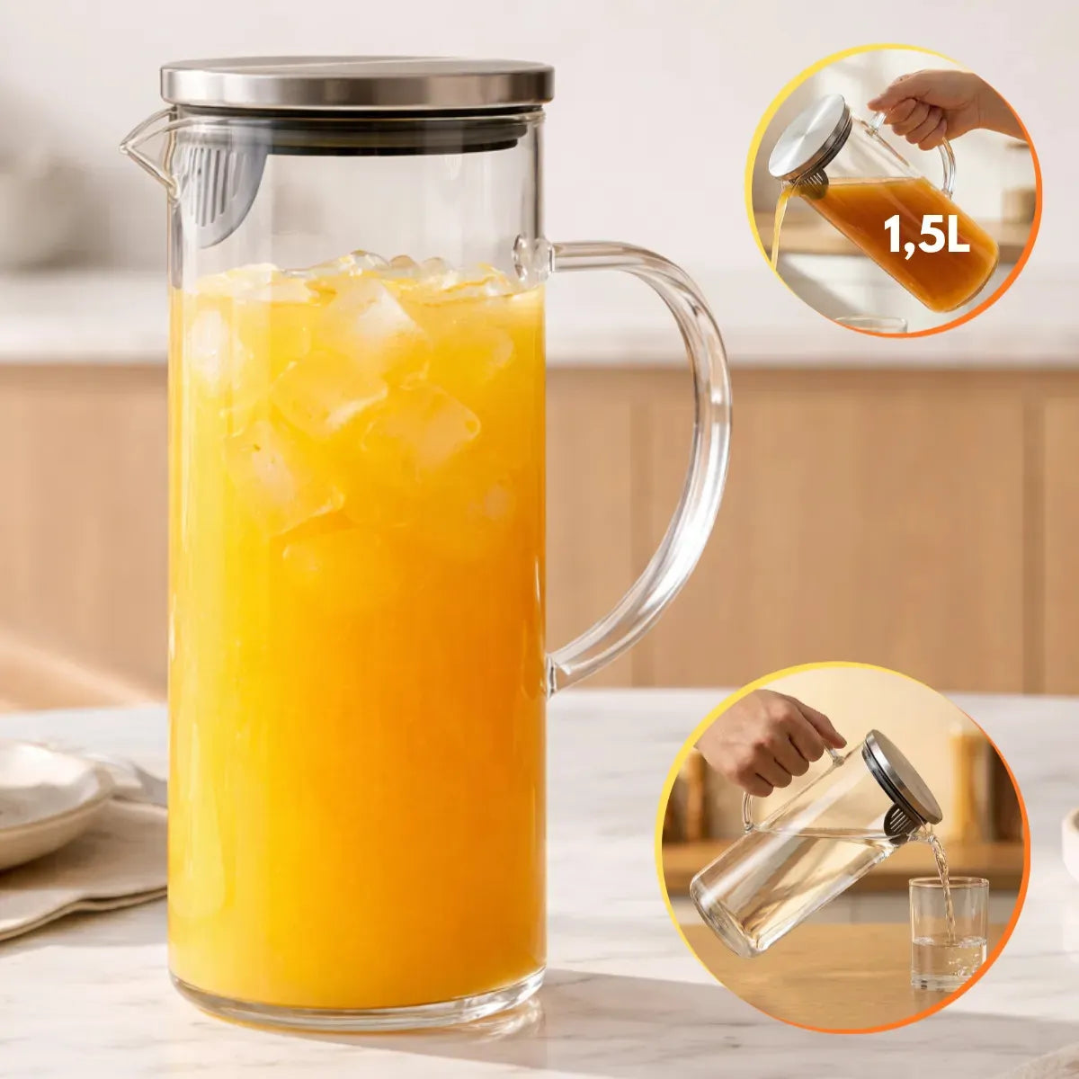 Jarra de Vidro Borossilicato 1,5L com Tampa Inox Hermética – Ideal para Água, Sucos e Bebidas