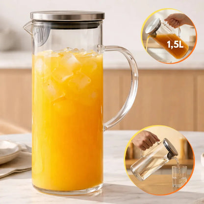 Jarra de Vidro Borossilicato 1,5L com Tampa Inox Hermética – Ideal para Água, Sucos e Bebidas