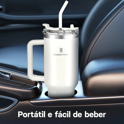 Copo Térmico 1,2L em Aço Inox com Tampa e Canudo Inox –Bebidas Quentes e Geladas