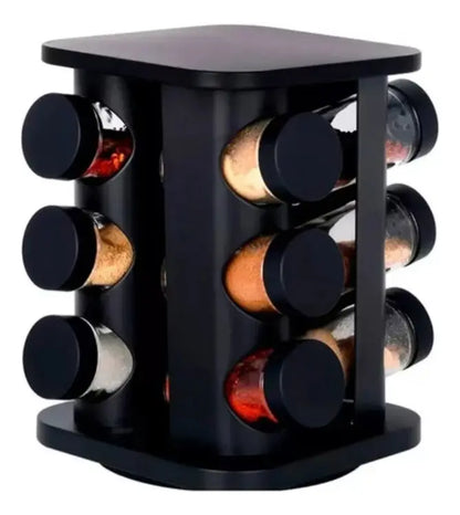 Porta Temperos Giratório com 12 Potes de Vidro – Organizador de Condimentos Preto para Cozinha