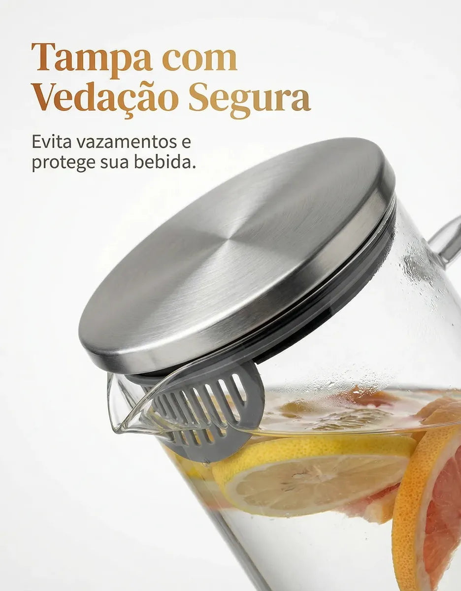 Jarra de Vidro Borossilicato 1,5L com Tampa Inox Hermética – Ideal para Água, Sucos e Bebidas