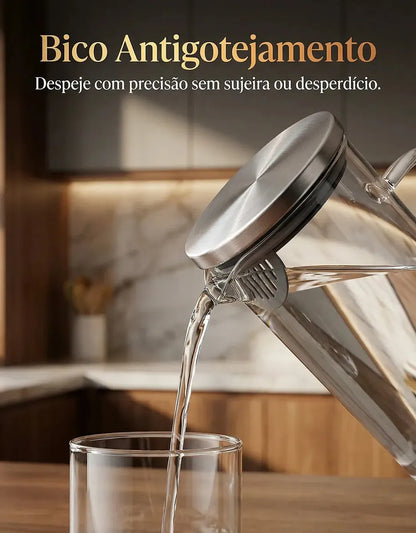 Jarra de Vidro Borossilicato 1,5L com Tampa Inox Hermética – Ideal para Água, Sucos e Bebidas